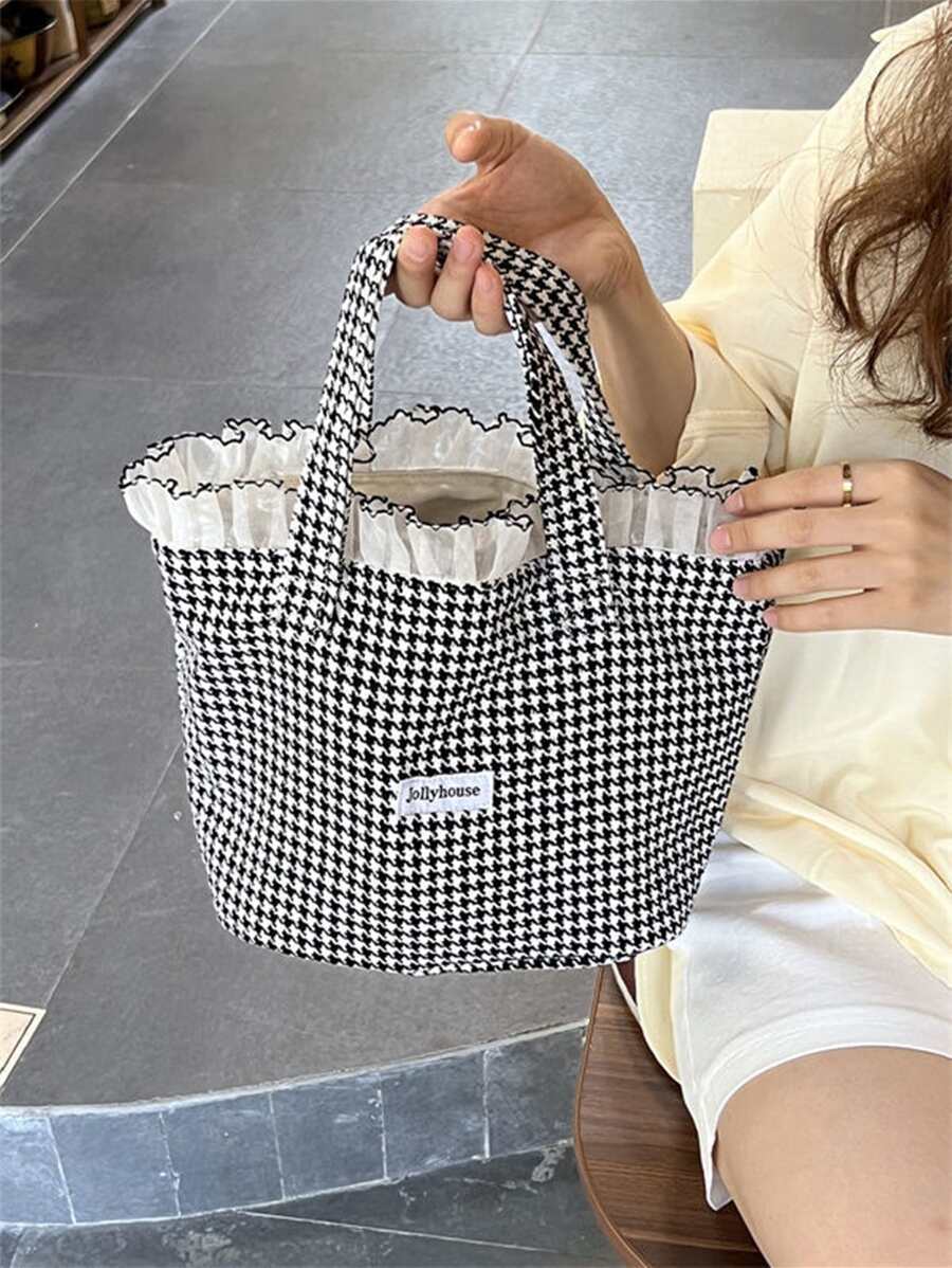 Houndstooth Woven Fabric Ruffle Edge Tote Bag, Eye-Catching Beach Bag Summer
