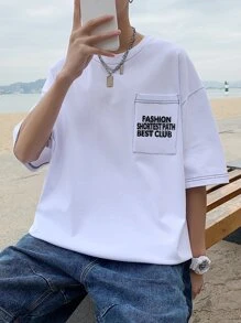 男士標語圖案口袋貼布T恤 - 白色 - 查看 6