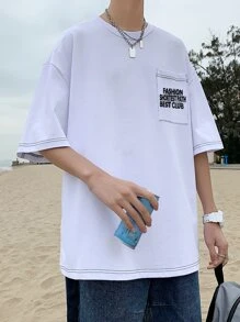 男士標語圖案口袋貼布T恤 - 白色 - 查看 7