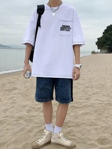 男士標語圖案口袋貼布T恤 - 白色 - 查看 8