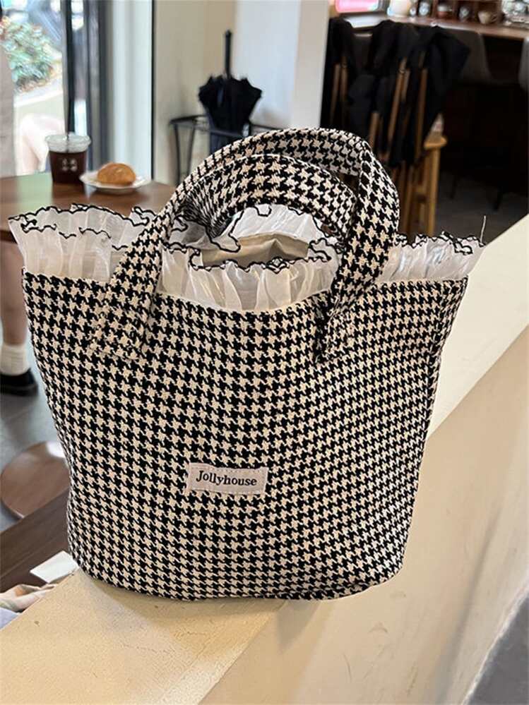 千鳥格子柄 ラッフルエッジ トートバッグ | SHEIN JAPAN