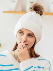 球球裝飾編織細節翻邊豆豆帽 - 白色 - 查看 1