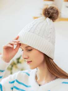 球球裝飾編織細節翻邊豆豆帽 - 白色 - 查看 2