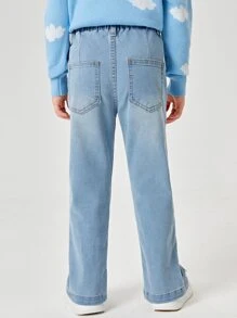 小女童下擺開叉直筒牛仔褲 - 淺色水洗藍 - 查看 2