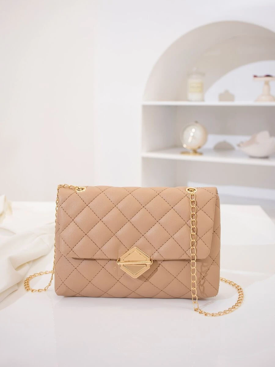 Push Lock Quilted Square Bag - Khaki - View 1