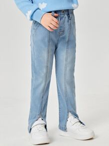 小女童下擺開叉直筒牛仔褲 - 淺色水洗藍 - 查看 3