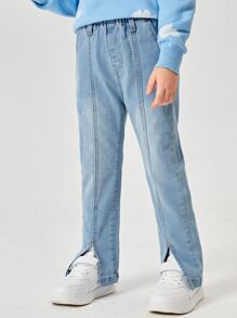 小女童下擺開叉直筒牛仔褲 - 淺色水洗藍 - 查看 4