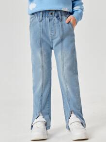 小女童下擺開叉直筒牛仔褲 - 淺色水洗藍 - 查看 5