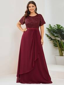 EVERPRETTY Plus Sequin Insert Draped Front Chiffon Prom Dress - Maroon - View 1