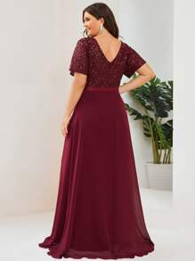 EVERPRETTY Plus Sequin Insert Draped Front Chiffon Prom Dress - Maroon - View 2