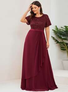 EVERPRETTY Plus Sequin Insert Draped Front Chiffon Prom Dress - Maroon - View 3