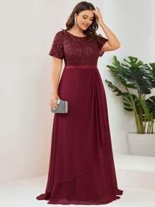 EVERPRETTY Plus Sequin Insert Draped Front Chiffon Prom Dress - Maroon - View 4
