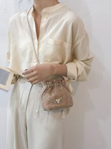 Mini Floral Embroidery Drawstring Straw Bag,Perfect For Summer Beach Travel Vacation - Brown - View 2