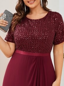 EVERPRETTY Plus Sequin Insert Draped Front Chiffon Prom Dress - Maroon - View 5