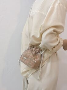 Mini Floral Embroidery Drawstring Straw Bag,Perfect For Summer Beach Travel Vacation - Brown - View 5