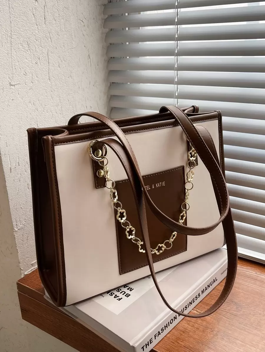 防水、輕巧、商務休閒、大容量字母圖案口袋正面設計單肩手提包適合青少年女大學生、菜鳥和白領，非常適合辦公室、大學、工作、商務、通勤 - 彩色 - 查看 1