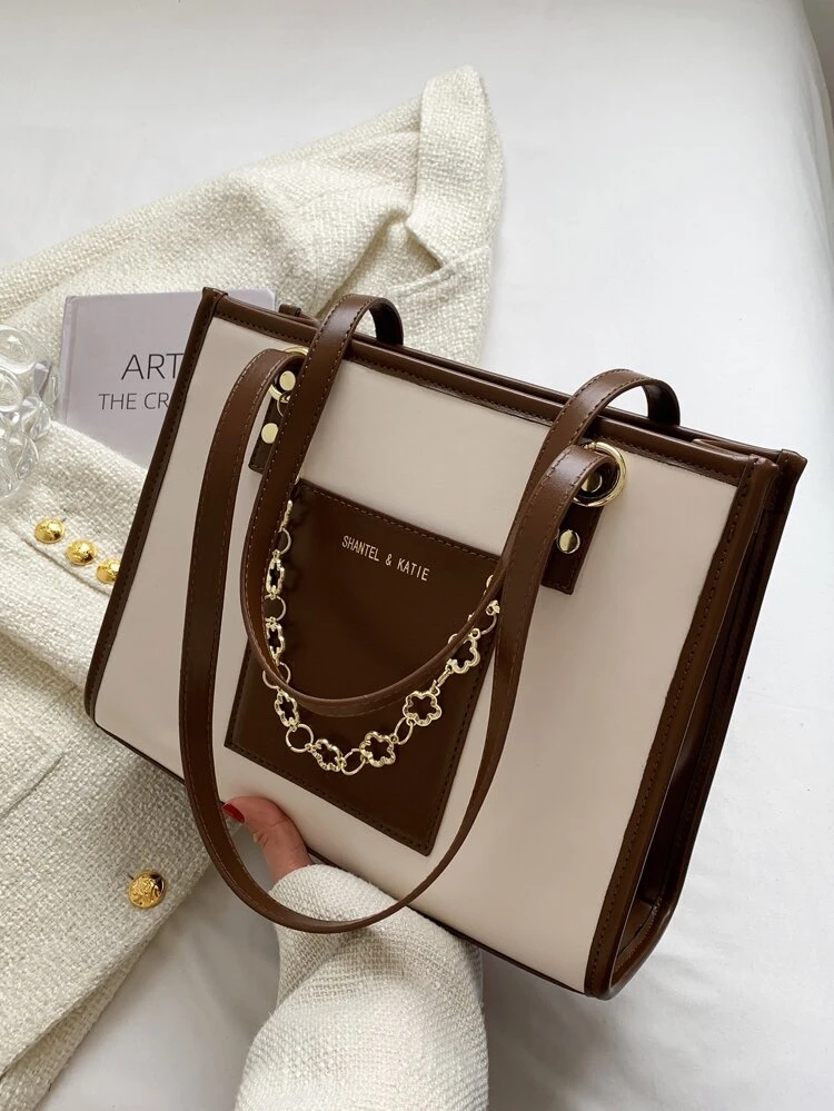 Waterproof,Lightweight,Business Casual,Large Capacity Letter Graphic Pocket Front Design Shoulder Tote Bag For Teen Girls Women College Students,Rookies & White-collar Workers Perfect for Office,College,Work ,Business,Commute