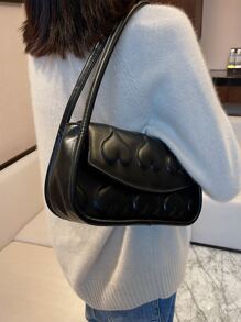 Heart Embossed Flap Saddle Bag - Black - View 2