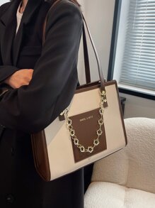 防水、輕巧、商務休閒、大容量字母圖案口袋正面設計單肩手提包適合青少年女大學生、菜鳥和白領，非常適合辦公室、大學、工作、商務、通勤 - 彩色 - 查看 3