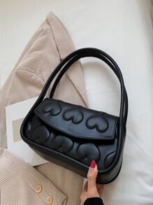Heart Embossed Flap Saddle Bag - Black - View 4