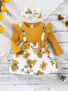 Baby Floral Print Bow Front Ruffle Trim 2 In 1 Dress - Multicolor - View 1