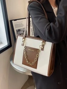 防水、輕巧、商務休閒、大容量字母圖案口袋正面設計單肩手提包適合青少年女大學生、菜鳥和白領，非常適合辦公室、大學、工作、商務、通勤 - 彩色 - 查看 4