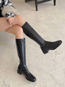 Stiefel Schwarz Elegant Einfarbig Damen mit Reißverschluss hinten, und eckiger Zehenpartie, Klassischer Stil - Schwarz - Übersicht 2