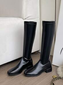 Stiefel Schwarz Elegant Einfarbig Damen mit Reißverschluss hinten, und eckiger Zehenpartie, Klassischer Stil - Schwarz - Übersicht 3