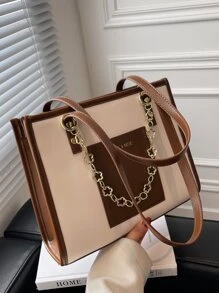 防水、輕巧、商務休閒、大容量字母圖案口袋正面設計單肩手提包適合青少年女大學生、菜鳥和白領，非常適合辦公室、大學、工作、商務、通勤 - 彩色 - 查看 6