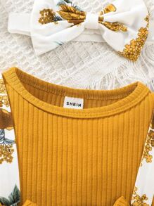 Baby Floral Print Bow Front Ruffle Trim 2 In 1 Dress - Multicolor - View 3