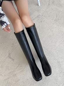 Stiefel Schwarz Elegant Einfarbig Damen mit Reißverschluss hinten, und eckiger Zehenpartie, Klassischer Stil - Schwarz - Übersicht 4