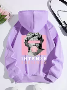 SHEIN EZwear 雕塑和字母圖案袋鼠口袋抽繩保暖連帽衫 - 紫丁香色 - 查看 1