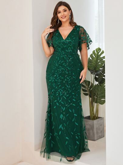 Plus Size Sequin Mesh Patchwork Ruffle Sleeve Dress, Elegant Formal Evening Gown For Winter Spring Wedding Guest, Graduation Party
