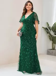 大码亮片网纱拼接荷叶袖连衣裙，优雅正式晚礼服，适合秋冬季婚礼宾客、毕业派对等场合 - 墨綠色 - 查看 4