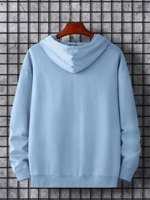 Manfinity Hombres Capucha con estampado de letra con bolsillo de canguro con cordón - Neblina azul - Ver 2