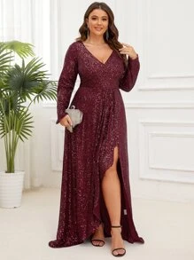 Plus Asymmetrical Hem Sequins Formal Gown - Maroon - View 1