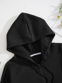 SHEIN EZwear Slogan Graphic Zip Up Drawstring Thermal Lined Hoodie - Black - View 6