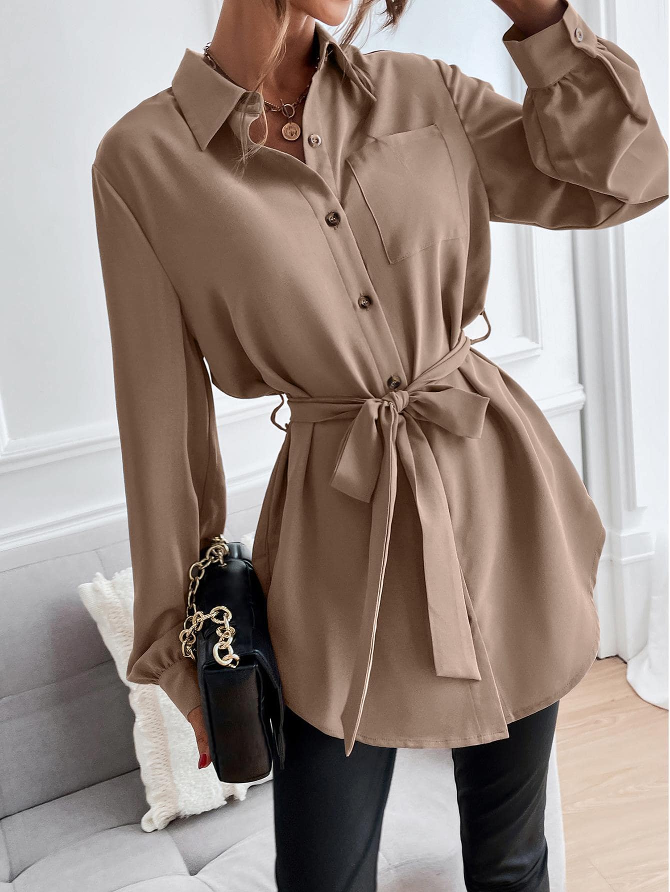 Chiquease Solid Button Front Belted Shirt,Long Sleeve Tops Fall Cloth For Women - Apricot - View 1