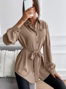 Chiquease Solid Button Front Belted Shirt,Long Sleeve Tops Fall Cloth For Women - Apricot - View 3