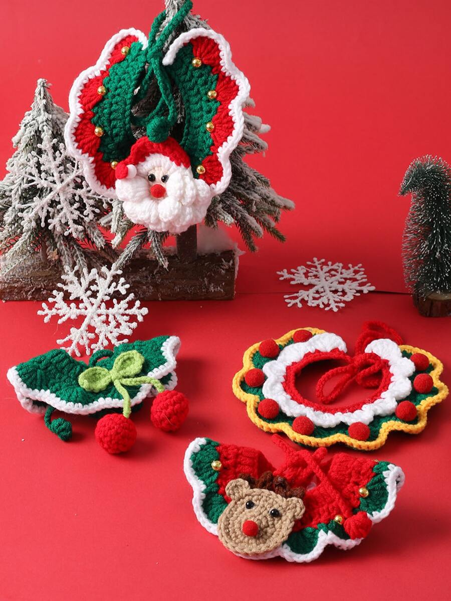 1 件手工编织宠物圣诞风格装饰围巾，款式随机发货，适合小型/中型/大型猫狗 - 彩色 - 查看 1