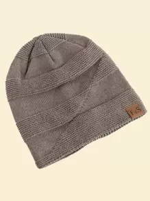 JZML Men Label Patch Decor Plush Lined Slouchy Beanie Casual Fall Outfit - Khaki - View 2