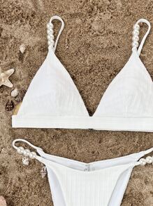 SHEIN Swim Bộ đồ tắm 2 mảnh hở lưng đính ngọc trai giả họa tiết bãi biển mùa hè - trắng - Xem 3