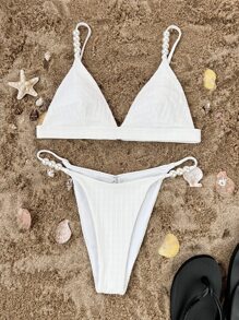 SHEIN Swim Bộ đồ tắm 2 mảnh hở lưng đính ngọc trai giả họa tiết bãi biển mùa hè - trắng - Xem 4