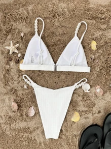 SHEIN Swim Bộ đồ tắm 2 mảnh hở lưng đính ngọc trai giả họa tiết bãi biển mùa hè - trắng - Xem 5