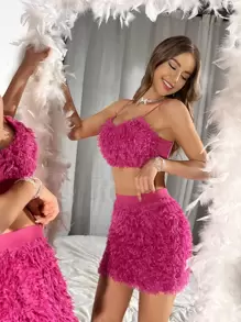 SHEIN BAE Top de tirantes de peluche & Falda ajustada - Rosa Fucsia - Ver 1