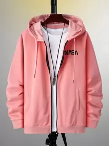 Manfinity Homme 男士字母圖案拉鏈連帽衫 - 粉色 - 查看 1