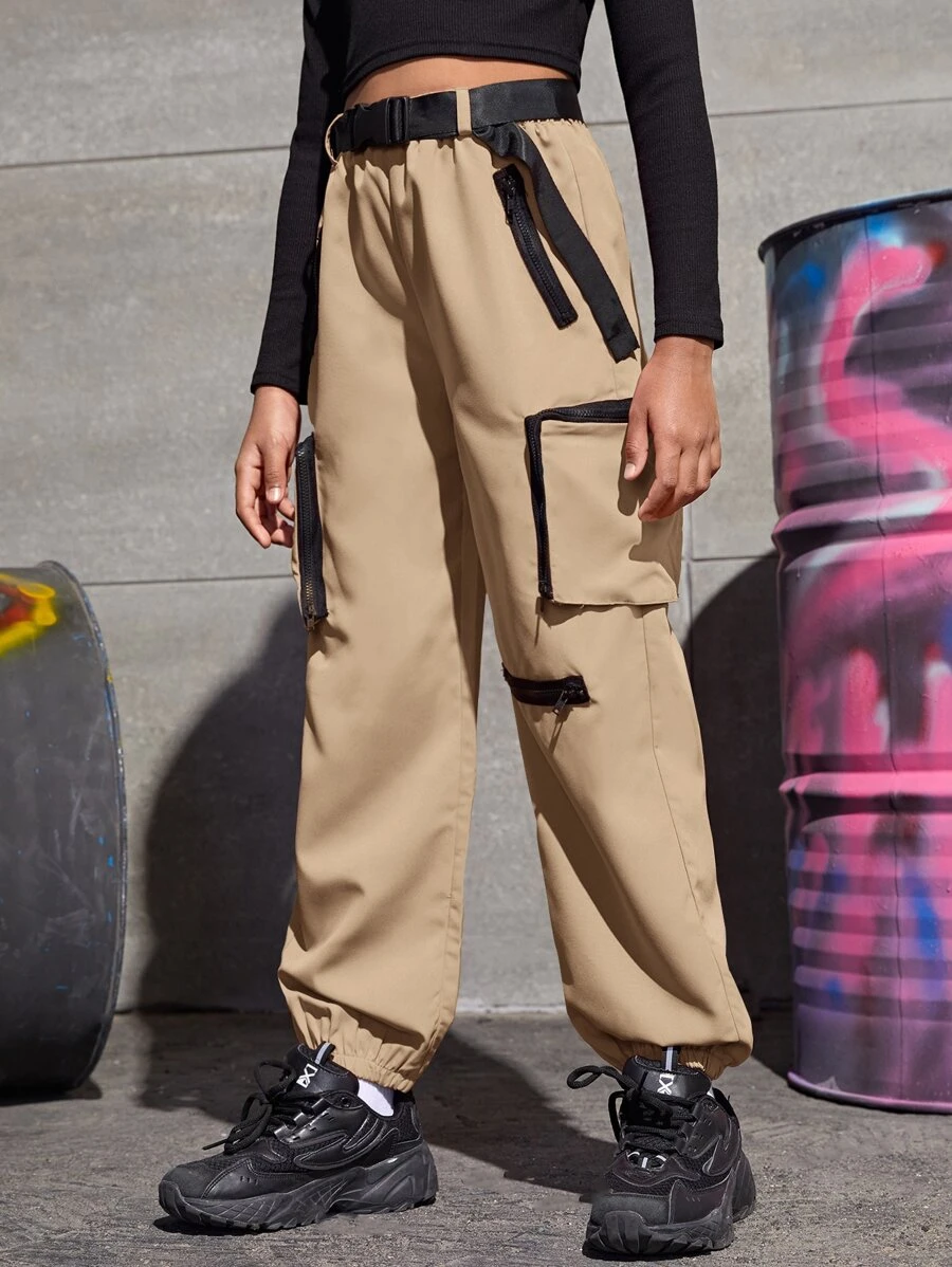 SHEIN Girls Buckle Belted Cargo Trousers - Khaki - View 1