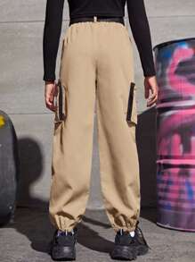 SHEIN Girls Buckle Belted Cargo Trousers - Khaki - View 2