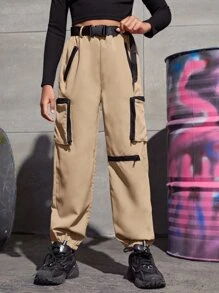 SHEIN Girls Buckle Belted Cargo Trousers - Khaki - View 3