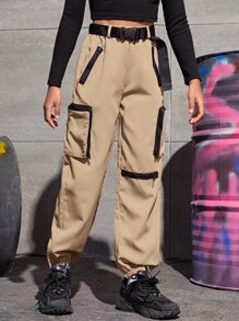 SHEIN Girls Buckle Belted Cargo Trousers - Khaki - View 4